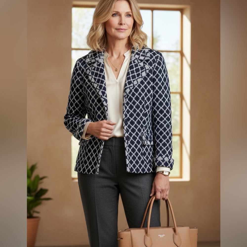 TALBOTS Petites 12P Cotton Woven Jacquard Geo Blazer Jacket Academia Navy Preppy